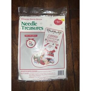 Vtg Needle Treasures I believe In Santa Counted Cross Stitch Kit‎ Stocking 02872